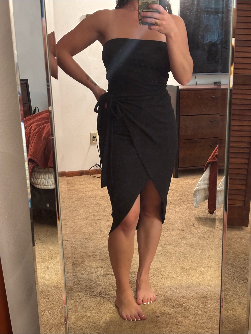Forever 21 Black Strapless Wrap Midi Dress with Side Tie